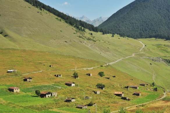 A village in the mountains where many people still live during the summer, but not during the winter.