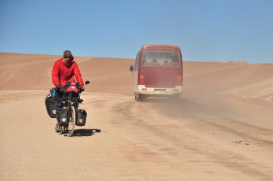 We got dust thrown on us during the first 100km as cars (tourist jeeps) past. Thankfully after that we were all alone!