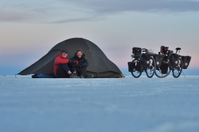 Us, our bikes, and our home! Salt flats, May 2015.